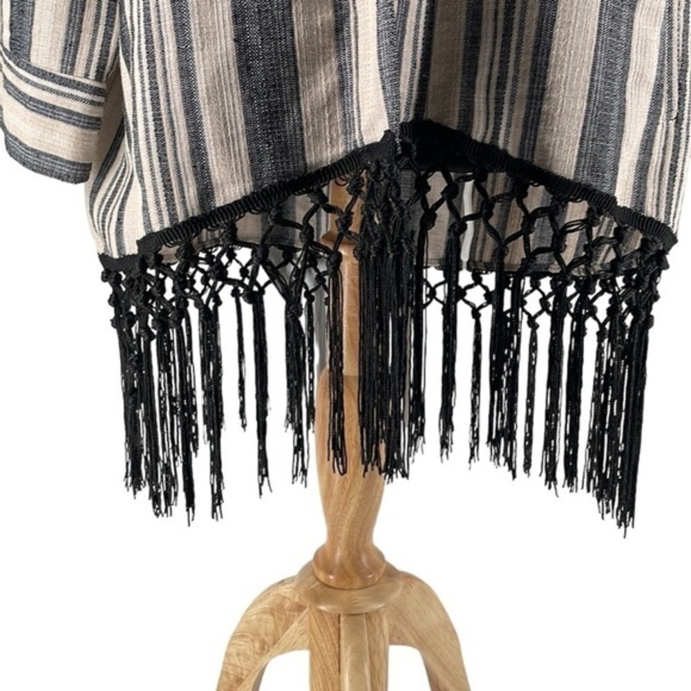 Zara Ecru Neutral Striped Boho 3/4 Sleeves Fringe Kimono festival Jacket sz sm - Picture 6 of 11